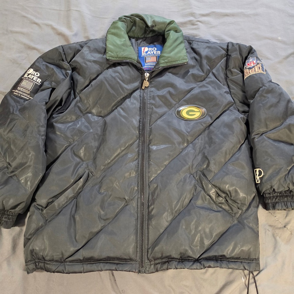 Vintage Pro Player Green Bay Packers NFL Puffer Jacket Black Green Large